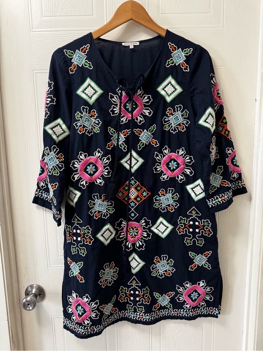 Frances Valentine Navy Embroidered Midi Dress with Pink, Green & Teal Accents